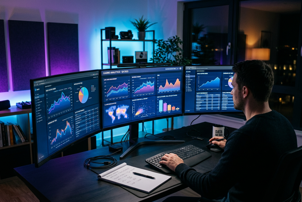 A digital dashboard showing casino performance metrics and rankings.