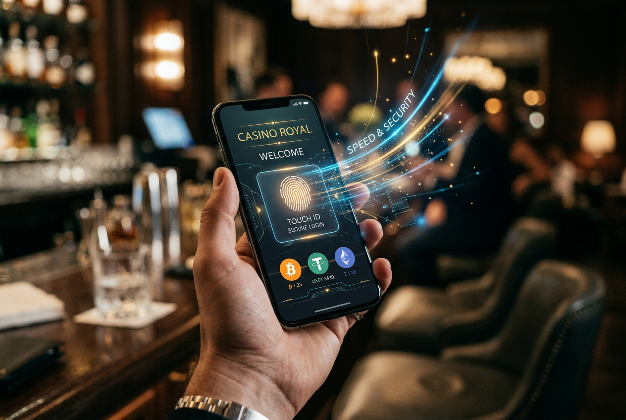 Futuristic mobile phone displaying advanced casino app technology.